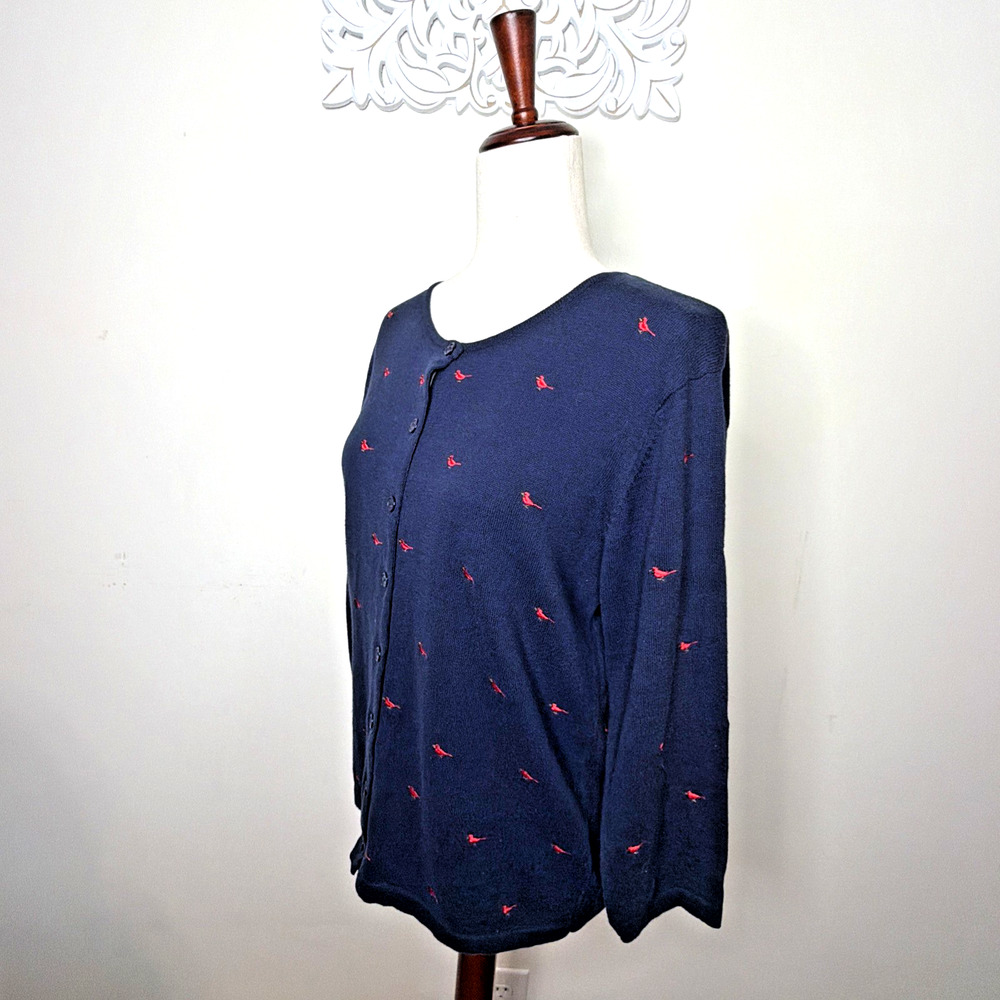 BAXTER & WELLS size Medium Blue Sweater Cardigan Red Cardinals 100% Cotton - Picture 5 of 8
